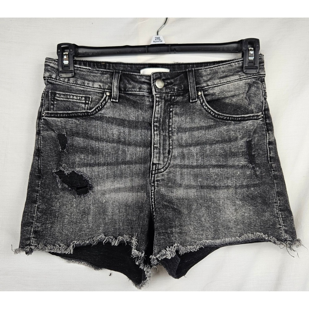 HM Washed Black Distressed Denim Shorts High Waisted Frayed Hem Size 8 Boho